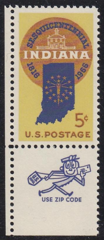 # 1308 (1966) Indiana - Mr. Zip sgl, LL, MNH