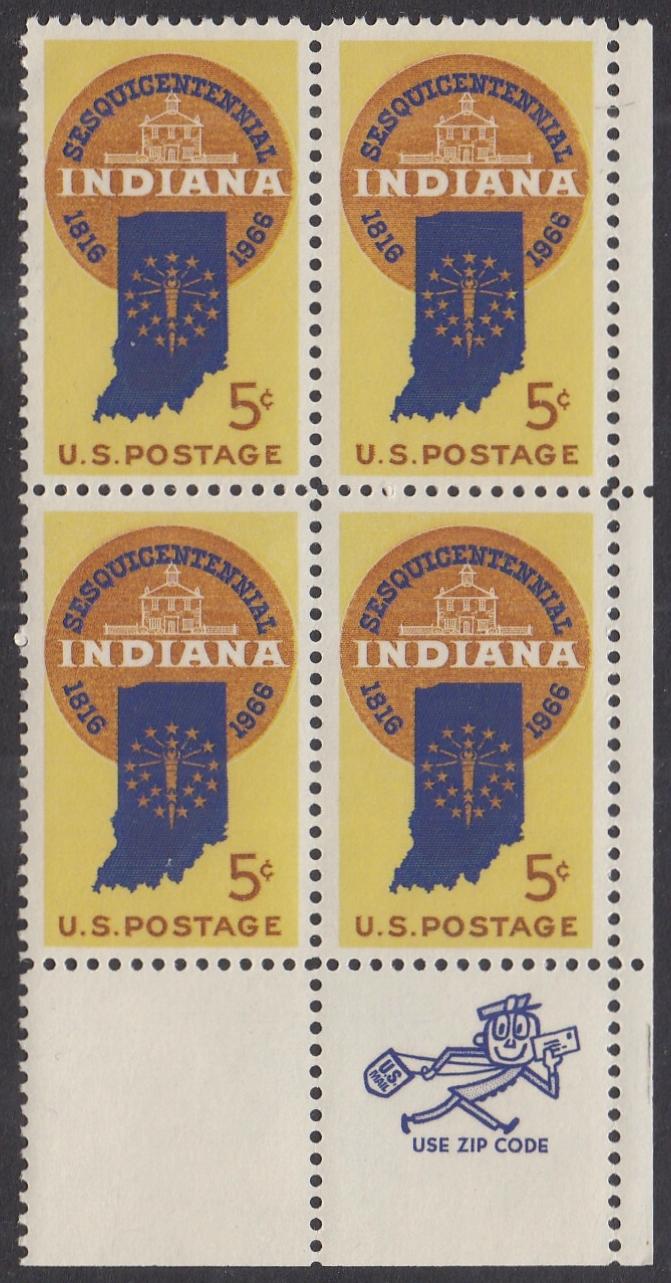 # 1308 (1966) Indiana - Mr. Zip BK/4, LR, MNH