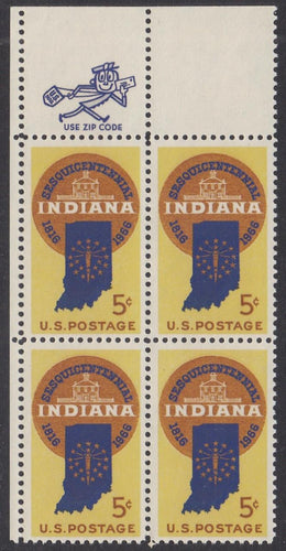 # 1308 (1966) Indiana - Mr. Zip BK/4, UL, MNH