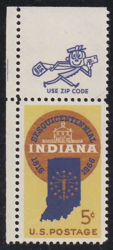 # 1308 (1966) Indiana - Mr. Zip sgl, UL, MNH