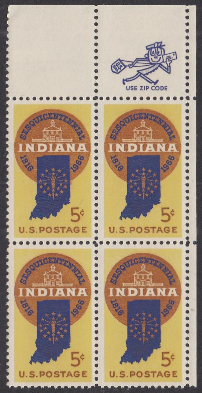 # 1308 (1966) Indiana - Mr. Zip BK/4, UR, MNH