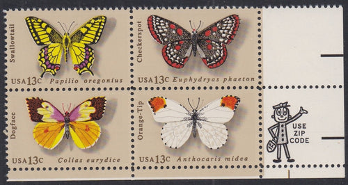 # 1712-15 (1977) Butterflies - Mr. Zip, BK/4, LR, MNH