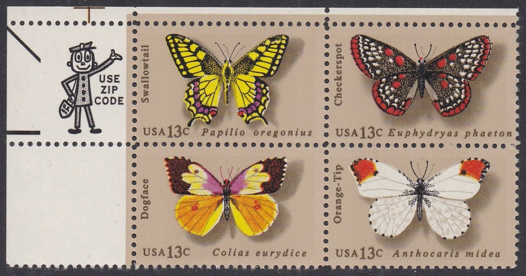 # 1712-15 (1977) Butterflies - Mr. Zip, BK/4, UL, MNH