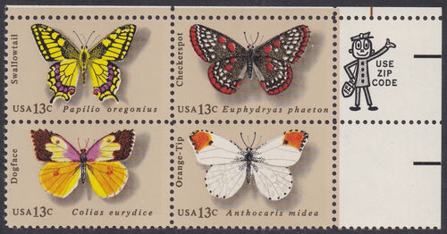 # 1712-15 (1977) Butterflies - Mr. Zip, BK/4, UR, MNH