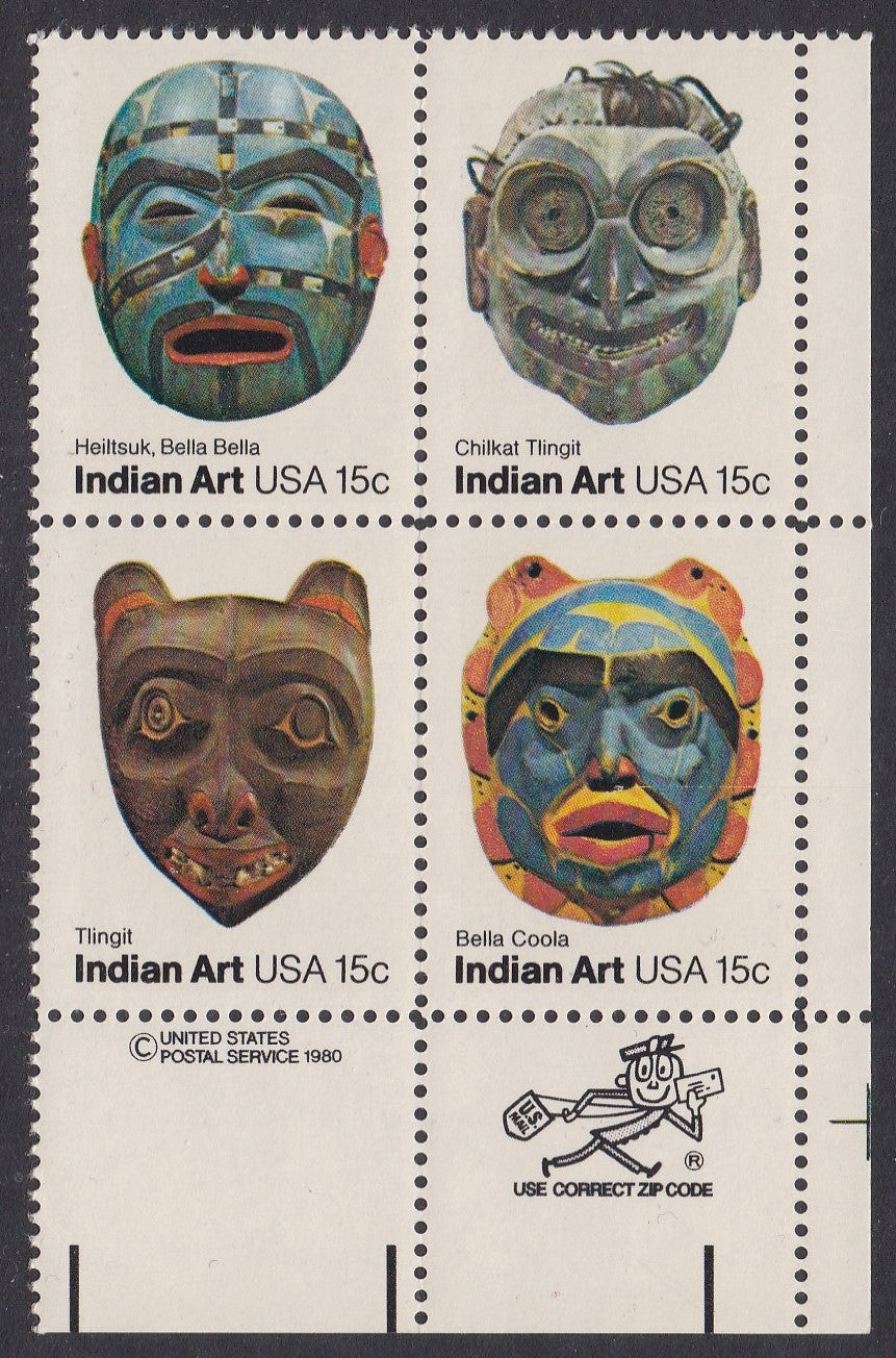 # 1834-37 (1980) Indian Masks - Mr. Zip, BK/4, LR, XF MNH