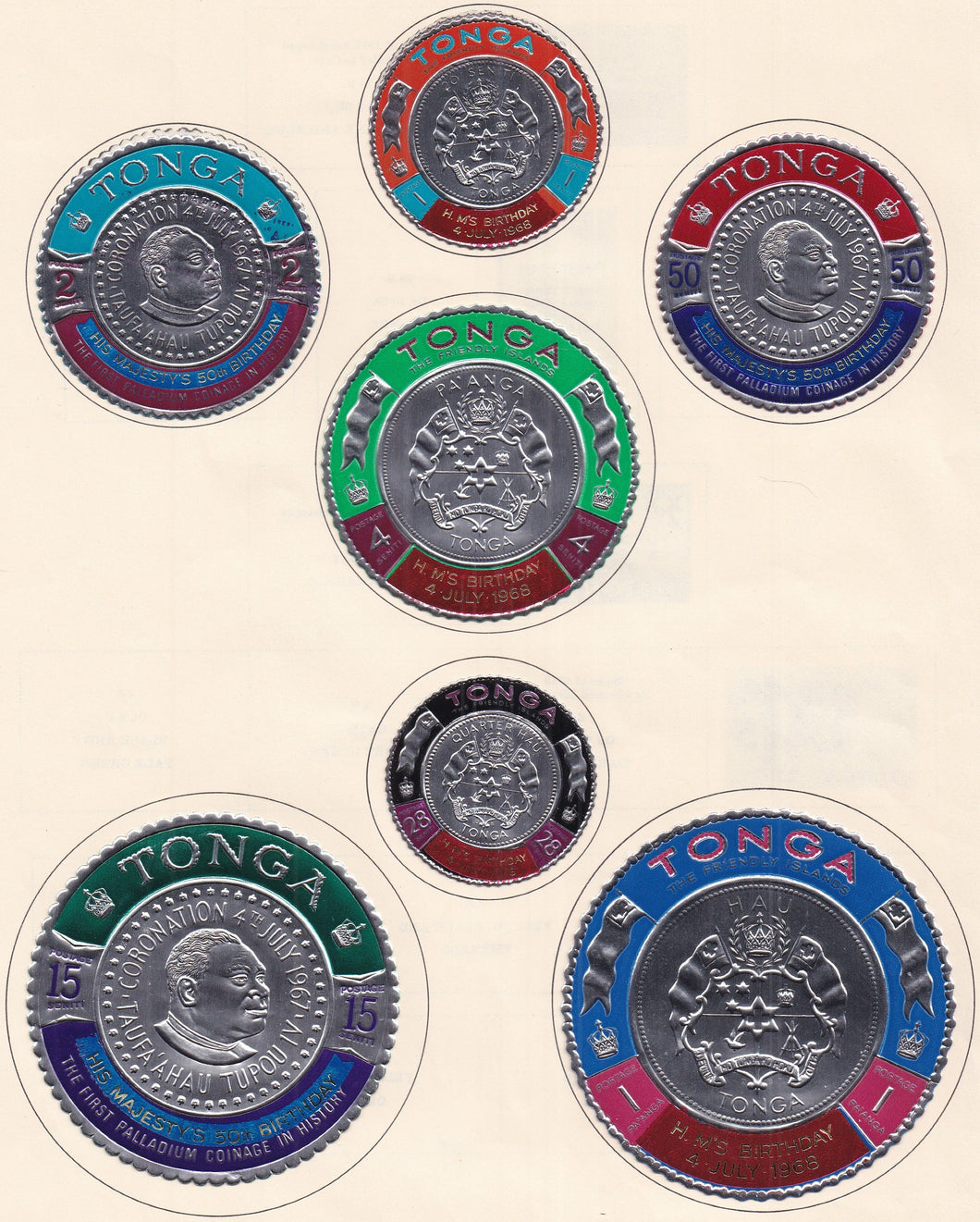 Tonga # 203-209 (1968) Birthday Coins - Sgls, Set/7, MLH