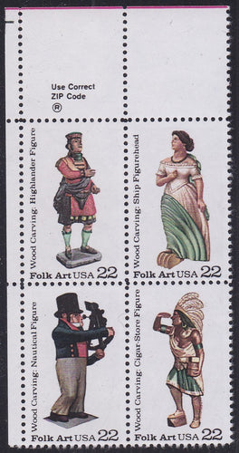 # 2240-43 (1986) Woodcarved Figurines - Zip Code, BK/4, UL, MNH