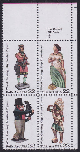 # 2240-43 (1986) Woodcarved Figurines - Zip Code, BK/4, UR, MNH