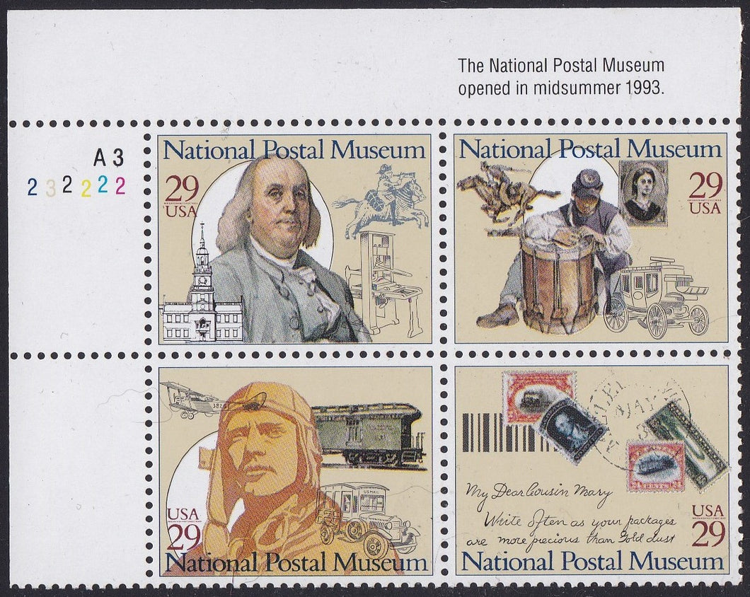 # 2779-82 (1993) Postal Museum - PB, UL #A3-222232, MNH