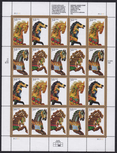 # 2976-79 (1995) Carousel Horses - Pane, #P11111, MNH, AT FACE