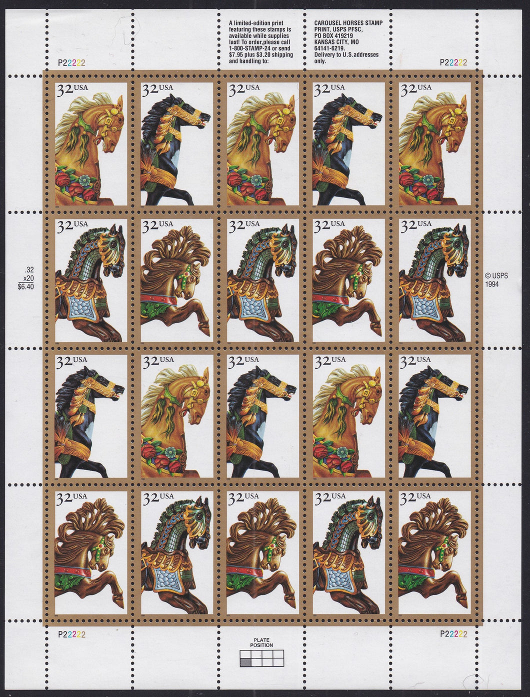 # 2976-79 (1995) Carousel Horses - Pane, #P22222, MNH, AT FACE