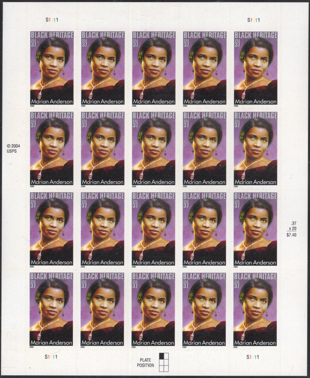 # 3896 (2005) Marian Anderson - Pane, MNH - AT FACE