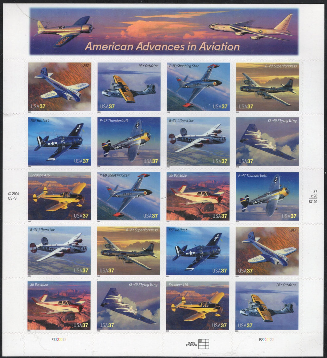 # 3916-25 (2005) Aviation Advances - Pane, #P2222222, MNH - AT FACE