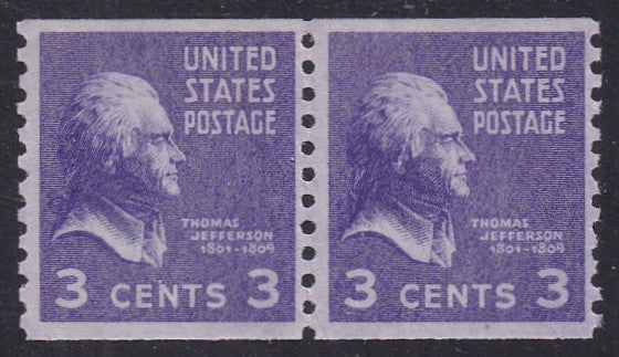 # 842 (1939) Jefferson - Coil sgl, H, FVF MNH