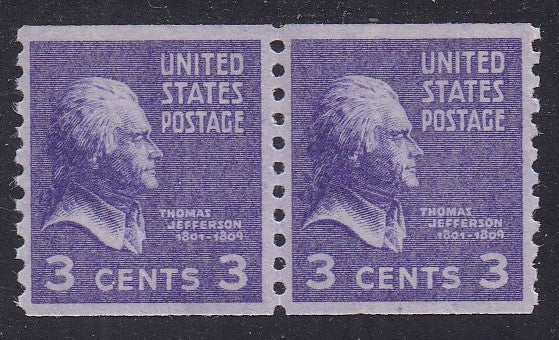 # 842 (1939) Jefferson - Coil pr, H, VF MNH