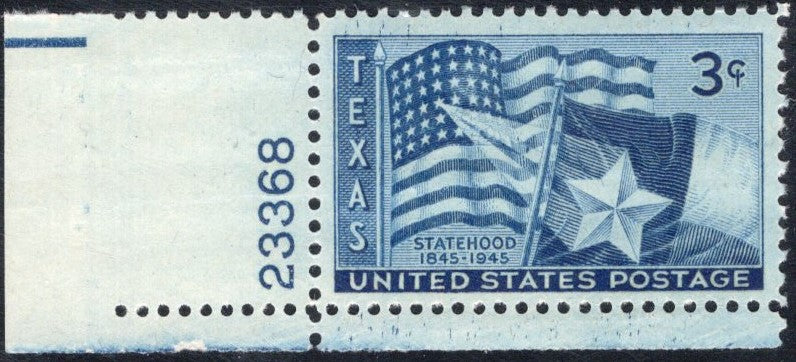 # 941 (1946) Texas - Plt sgl, LL #23368, MNH