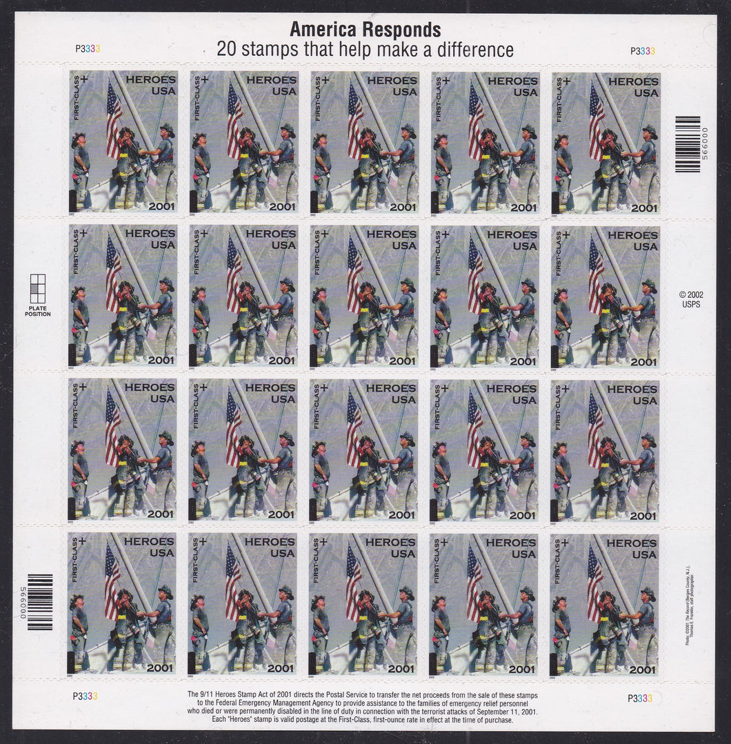 # B2 (2001) Heroes, Semi-Postal - Pane, #P3333, MNH