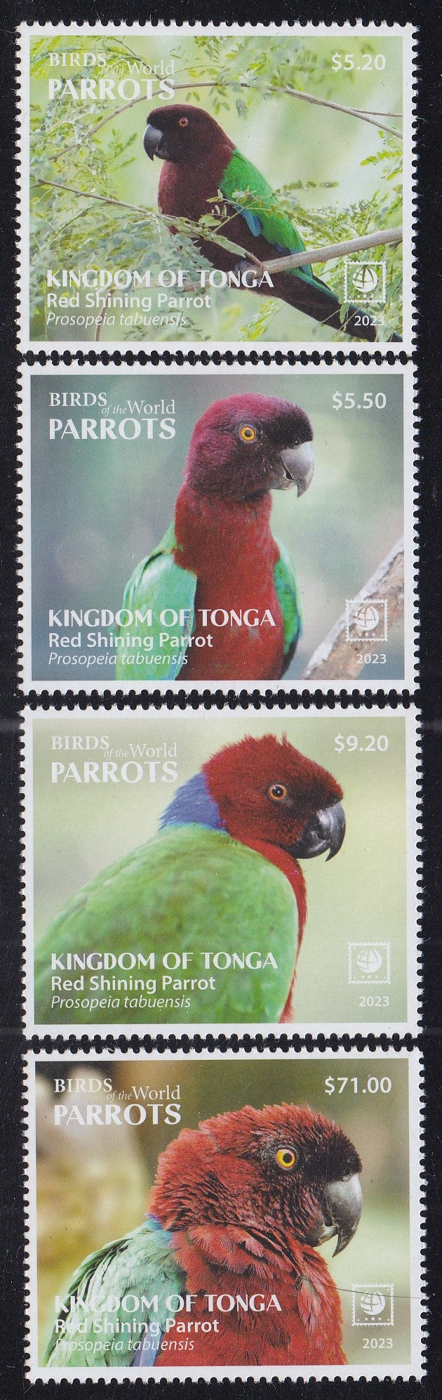 Tonga (2023) Birds of the World, Parrots - Sgls, Set/4, MNH