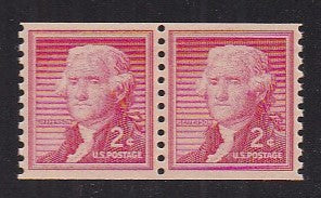 # 1055a (1957) Jefferson, Dry Print, Lg Holes - Coil pr, XF MNH