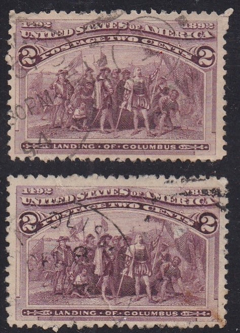 # 231 (1893) Columbus Landing - Sgls, Set/2, Used, Broken Hat [6]