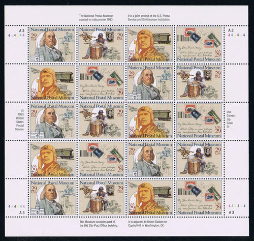 # 2779-82 (1993) Postal Museum - Pane, #A3-444444, MNH