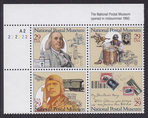 # 2779-82 (1993) Postal Museum - PB, UL #A2-222222, MNH