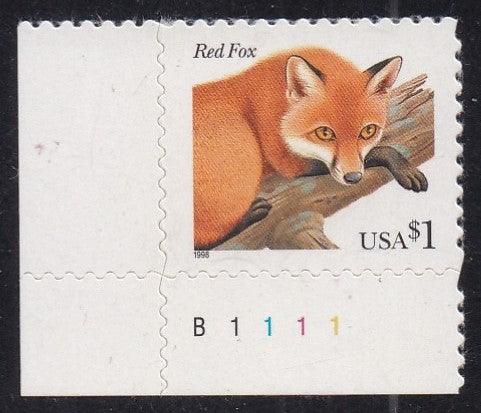 # 3036 (1998) Red Fox, 11.5 x 11.25 - Plt sgl, LL #B1111, MNH