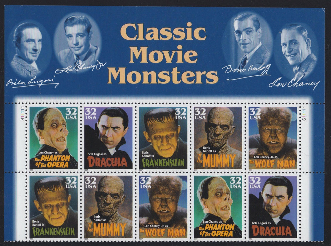 # 3168-72 (1997) Monsters - PB/10, Top #S11111 w mgn, MNH