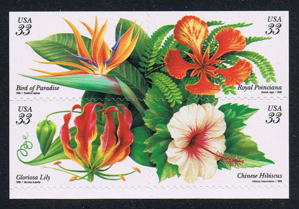 # 3313a (1999) Tropical Flowers, Down - Bklt BK/4, MNH