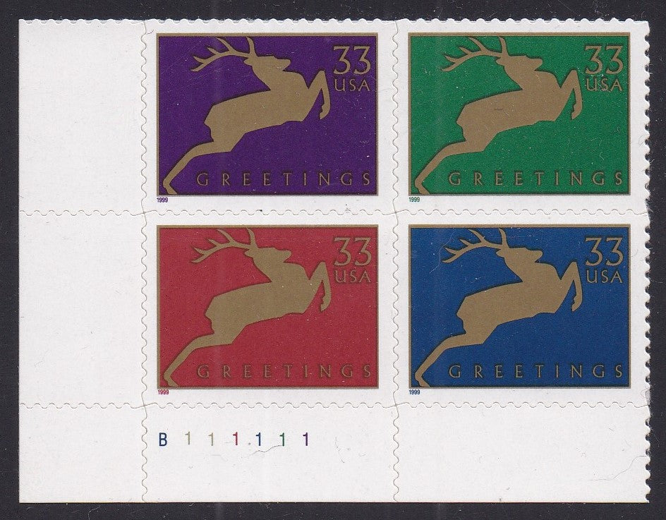 # 3356-59 (1999) Christmas Reindeer - PB, LL #B111111, MNH