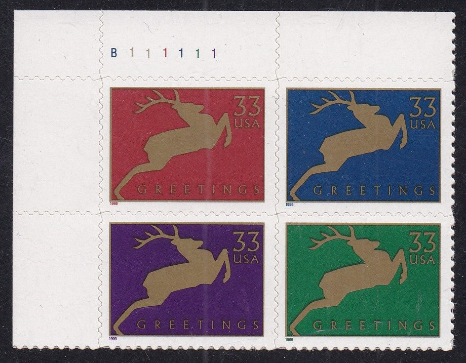 # 3356-59 (1999) Christmas Reindeer - PB, UL #B111111, MNH