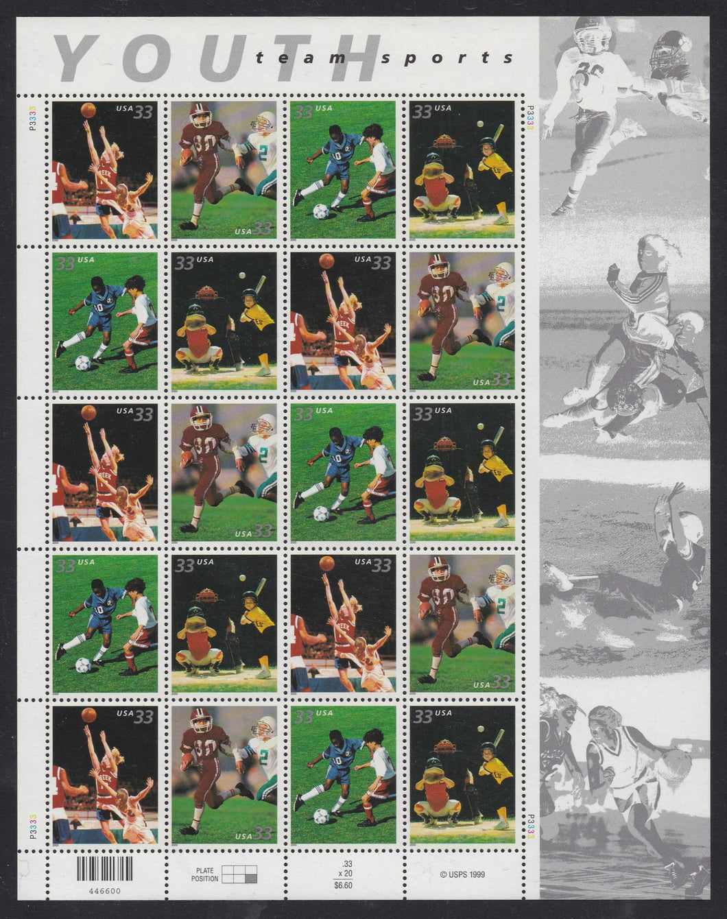 # 3399-3402 (2000) Youth Sports - Pane, P3333, MNH