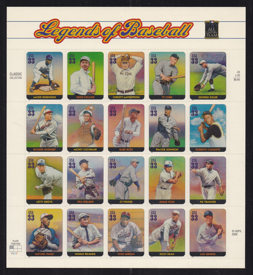 # 3408 (2000) Baseball Legends - Pane, #P3333, MNH