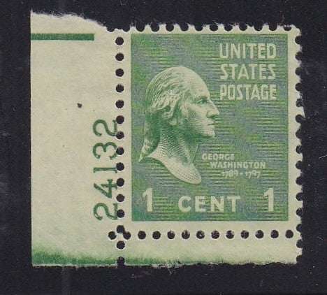 # 804 (1938) Washington, green - Plt sgl, LL #24132, MNH