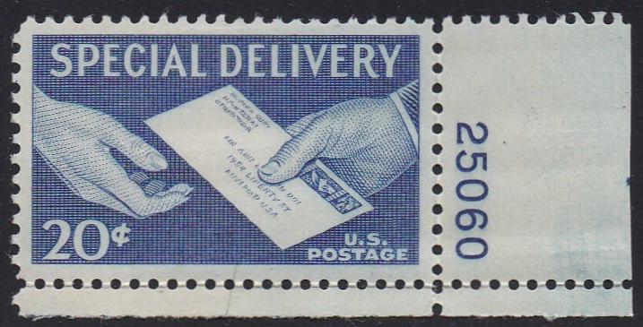 E20 (1954) Hand Delivery, Special Delivery - Plt sgl, LR #25060, MNH VF