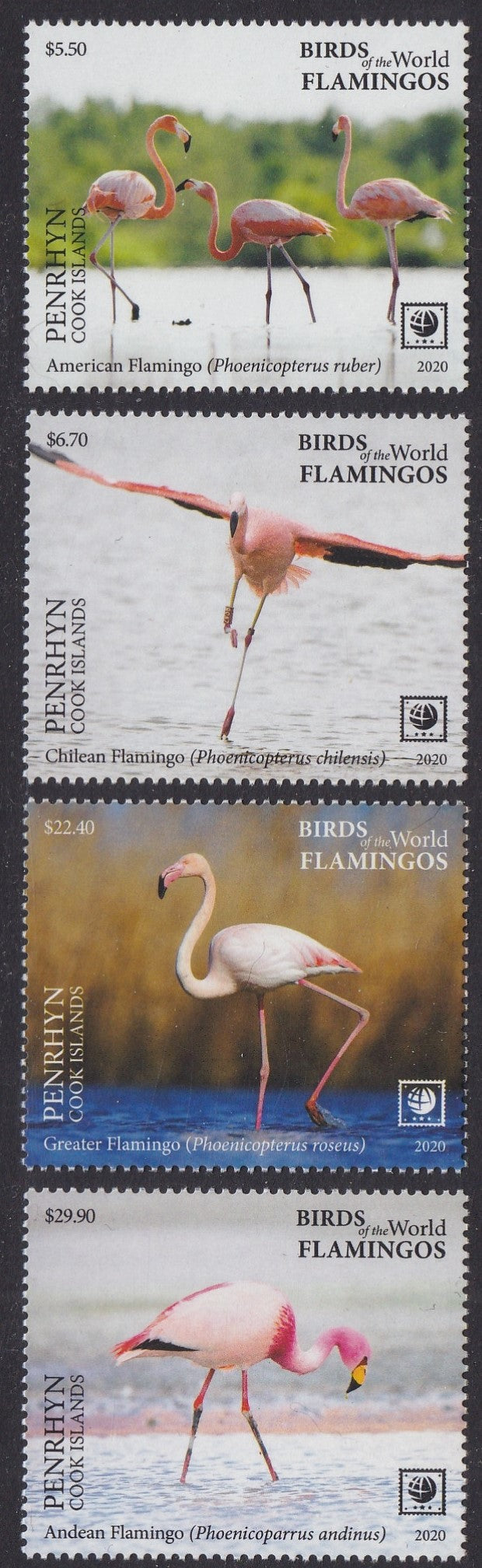 Penrhyn (2020) Birds of the World, Flamingos, Large Stamp - Sgls, Set/4