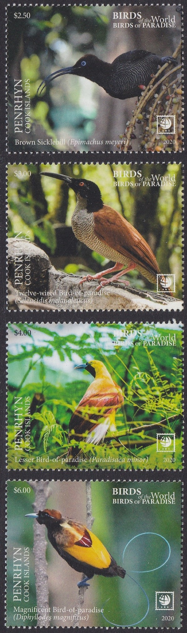 Penrhyn (2020) Birds of the World, Birds of Paradise, Large Stamp - Sgls, Set/4