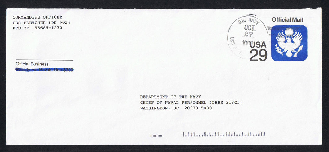 # UO84 (1991) Official Mail Stationery - USED, USS Fletcher