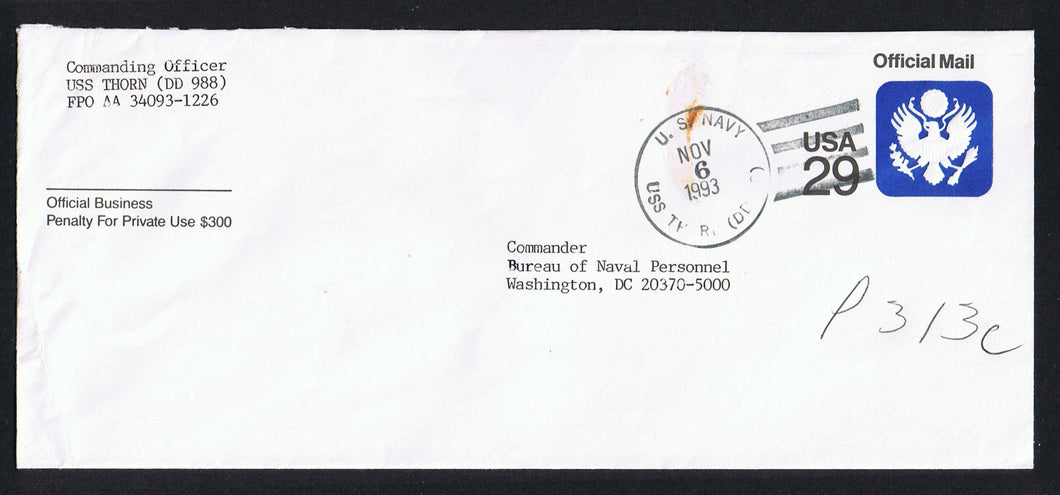 # UO84 (1991) Official Mail Stationery - USED, USS Thorn